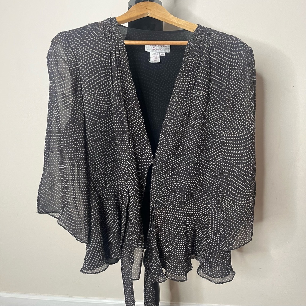 Adrianna Papell Women’s Brown Tan Polka Dot V~Neck Tie Ruffle Silk Blouse Sz 16W - Picture 3 of 8